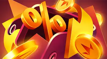 Изображение золотого символа процента в окружении золотых монет, символизирующее кэшбэк-бонус в Интернет-казино Vulkan Prestige.